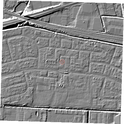 Shaded relief map of the ground around IG110NY, computed from Environment Agency LiDAR. The ground here sits at about 2 m above sea level and falls 9 m across the surrounding 800 m. Surface water reaching this point runs off ground lying to the west-north-west, 0.6 m higher.