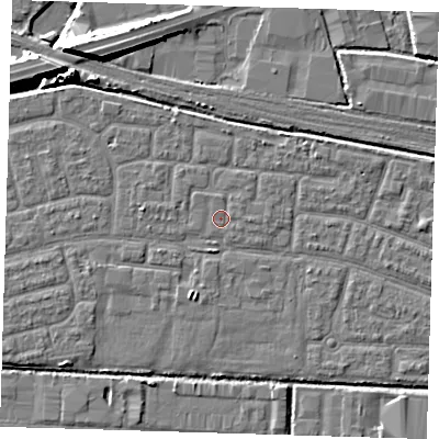 Shaded relief map of the ground around IG110NZ, computed from Environment Agency LiDAR. The ground here sits at about 2 m above sea level and falls 9 m across the surrounding 800 m. Surface water reaching this point runs off ground lying to the east, 0.8 m higher.