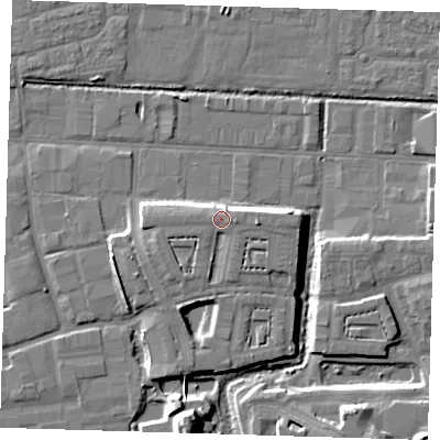 Shaded relief map of the ground around IG110PB, computed from Environment Agency LiDAR. The ground here sits at about 7 m above sea level and falls 10 m across the surrounding 800 m. Surface water reaching this point runs off ground lying to the east, 2.0 m higher.