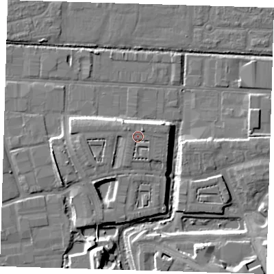 Shaded relief map of the ground around IG110PD, computed from Environment Agency LiDAR. The ground here sits at about 7 m above sea level and falls 10 m across the surrounding 800 m. Surface water reaching this point runs off ground lying to the north-east, 2.0 m higher.