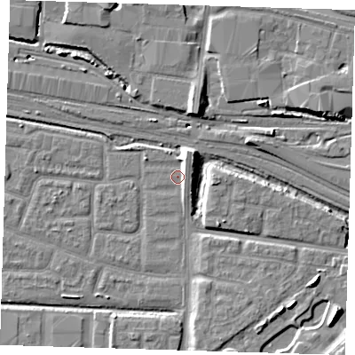 Shaded relief map of the ground around IG110PE, computed from Environment Agency LiDAR. The ground here sits at about 3 m above sea level and falls 10 m across the surrounding 800 m. Surface water reaching this point runs off ground lying to the north-north-east, 4.5 m higher.