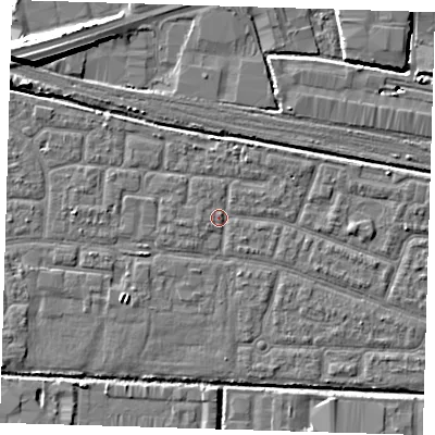 Shaded relief map of the ground around IG110PF, computed from Environment Agency LiDAR. The ground here sits at about 2 m above sea level and falls 9 m across the surrounding 800 m. Surface water reaching this point runs off ground lying to the south-west, 1.8 m higher.