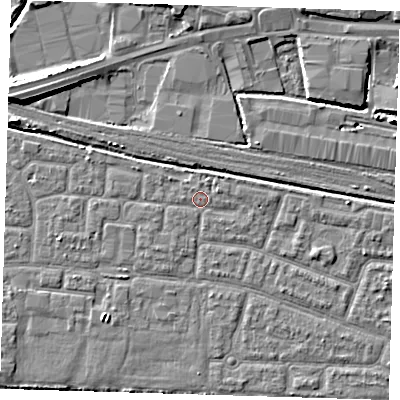 Shaded relief map of the ground around IG110PG, computed from Environment Agency LiDAR. The ground here sits at about 2 m above sea level and falls 9 m across the surrounding 800 m. Surface water reaching this point runs off ground lying to the north-east, 1.2 m higher.