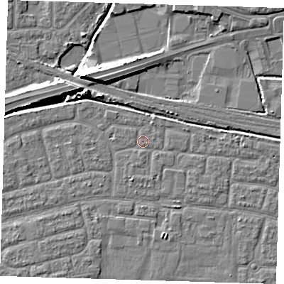 Shaded relief map of the ground around IG110PH, computed from Environment Agency LiDAR. The ground here sits at about 2 m above sea level and falls 9 m across the surrounding 800 m. Surface water reaching this point runs off ground lying to the west-north-west, 1.3 m higher.
