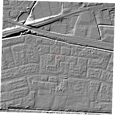 Shaded relief map of the ground around IG110PJ, computed from Environment Agency LiDAR. The ground here sits at about 2 m above sea level and falls 9 m across the surrounding 800 m. Surface water reaching this point runs off ground lying to the west-north-west, 1.3 m higher.