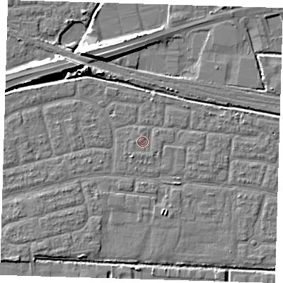 Shaded relief map of the ground around IG110PL, computed from Environment Agency LiDAR. The ground here sits at about 2 m above sea level and falls 9 m across the surrounding 800 m. Surface water reaching this point runs off ground lying to the south-south-west, 0.8 m higher.