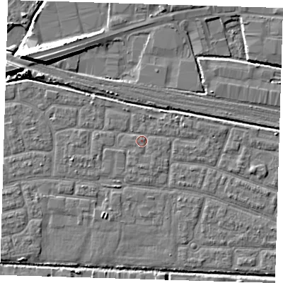 Shaded relief map of the ground around IG110PN, computed from Environment Agency LiDAR. The ground here sits at about 2 m above sea level and falls 9 m across the surrounding 800 m. Surface water reaching this point runs off ground lying to the north-north-east, 0.9 m higher.