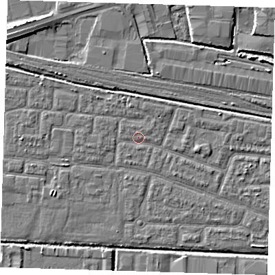 Shaded relief map of the ground around IG110PP, computed from Environment Agency LiDAR. The ground here sits at about 2 m above sea level and falls 7 m across the surrounding 800 m. Surface water reaching this point runs off ground lying to the east-north-east, 1.5 m higher.