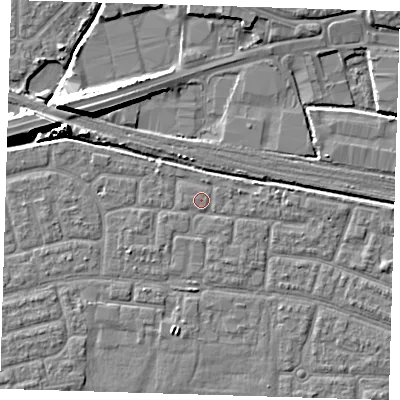 Shaded relief map of the ground around IG110PQ, computed from Environment Agency LiDAR. The ground here sits at about 2 m above sea level and falls 9 m across the surrounding 800 m. Surface water reaching this point runs off ground lying to the east-north-east, 1.0 m higher.