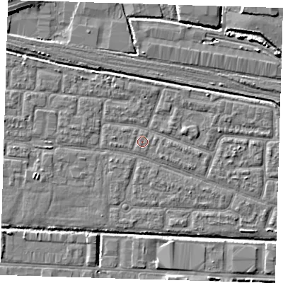 Shaded relief map of the ground around IG110PR, computed from Environment Agency LiDAR. The ground here sits at about 2 m above sea level and falls 5 m across the surrounding 800 m. The ground contributing surface water to this point lies to the south-west.