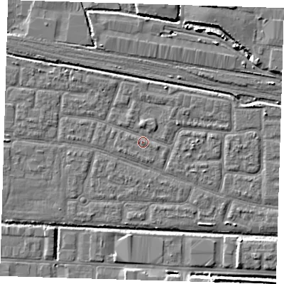 Shaded relief map of the ground around IG110PT, computed from Environment Agency LiDAR. The ground here sits at about 2 m above sea level and falls 5 m across the surrounding 800 m. Surface water reaching this point runs off ground lying to the south-east, 1.7 m higher.