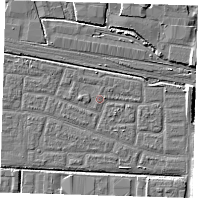 Shaded relief map of the ground around IG110PU, computed from Environment Agency LiDAR. The ground here sits at about 2 m above sea level and falls 10 m across the surrounding 800 m. Surface water reaching this point runs off ground lying to the east, 1.2 m higher.