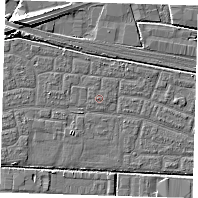 Shaded relief map of the ground around IG110PW, computed from Environment Agency LiDAR. The ground here sits at about 3 m above sea level and falls 9 m across the surrounding 800 m. The ground contributing surface water to this point lies to the west.