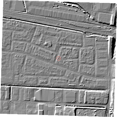 Shaded relief map of the ground around IG110PX, computed from Environment Agency LiDAR. The ground here sits at about 2 m above sea level and falls 10 m across the surrounding 800 m. Surface water reaching this point runs off ground lying to the south-east, 0.7 m higher.