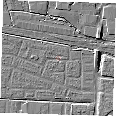 Shaded relief map of the ground around IG110PY, computed from Environment Agency LiDAR. The ground here sits at about 2 m above sea level and falls 10 m across the surrounding 800 m. Surface water reaching this point runs off ground lying to the east-north-east, 1.7 m higher.