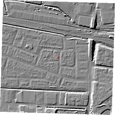 Shaded relief map of the ground around IG110PZ, computed from Environment Agency LiDAR. The ground here sits at about 2 m above sea level and falls 10 m across the surrounding 800 m. Surface water reaching this point runs off ground lying to the east-north-east, 1.1 m higher.