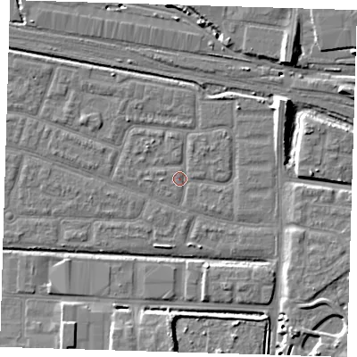 Shaded relief map of the ground around IG110QA, computed from Environment Agency LiDAR. The ground here sits at about 2 m above sea level and falls 10 m across the surrounding 800 m. Surface water reaching this point runs off ground lying to the north-east, 5.2 m higher.