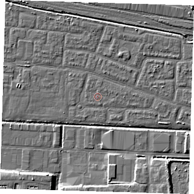Shaded relief map of the ground around IG110QE, computed from Environment Agency LiDAR. The ground here sits at about 2 m above sea level and falls 7 m across the surrounding 800 m. Surface water reaching this point runs off ground lying to the east-north-east, 0.7 m higher.