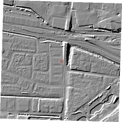 Shaded relief map of the ground around IG110QF, computed from Environment Agency LiDAR. The ground here sits at about 3 m above sea level and falls 12 m across the surrounding 800 m. Surface water reaching this point runs off ground lying to the north-east, 1.8 m higher.