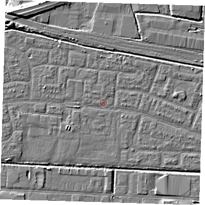 Shaded relief map of the ground around IG110QG, computed from Environment Agency LiDAR. The ground here sits at about 2 m above sea level and falls 9 m across the surrounding 800 m. Surface water reaching this point runs off ground lying to the south-west, 1.8 m higher.