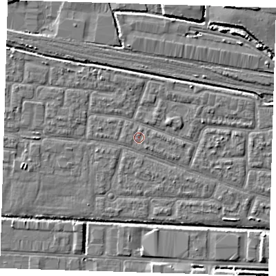 Shaded relief map of the ground around IG110QH, computed from Environment Agency LiDAR. The ground here sits at about 2 m above sea level and falls 5 m across the surrounding 800 m. Surface water reaching this point runs off ground lying to the south-east, 0.6 m higher.