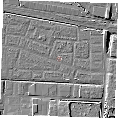 Shaded relief map of the ground around IG110QL, computed from Environment Agency LiDAR. The ground here sits at about 2 m above sea level and falls 10 m across the surrounding 800 m. Surface water reaching this point runs off ground lying to the east-north-east, 5.2 m higher.