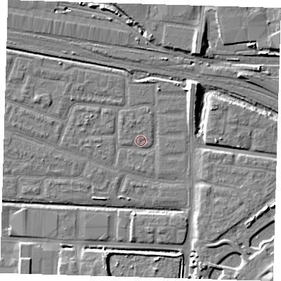 Shaded relief map of the ground around IG110QX, computed from Environment Agency LiDAR. The ground here sits at about 2 m above sea level and falls 11 m across the surrounding 800 m. Surface water reaching this point runs off ground lying to the north-east, 5.2 m higher.