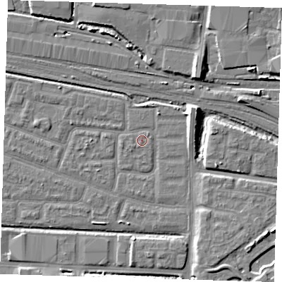 Shaded relief map of the ground around IG110QY, computed from Environment Agency LiDAR. The ground here sits at about 2 m above sea level and falls 10 m across the surrounding 800 m. Surface water reaching this point runs off ground lying to the west-south-west, 0.5 m higher.