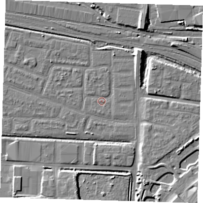 Shaded relief map of the ground around IG110QZ, computed from Environment Agency LiDAR. The ground here sits at about 2 m above sea level and falls 11 m across the surrounding 800 m. Surface water reaching this point runs off ground lying to the north-east, 5.2 m higher.