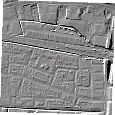 Shaded relief map of the ground around IG110RB, computed from Environment Agency LiDAR. The ground here sits at about 3 m above sea level and falls 10 m across the surrounding 800 m. The ground contributing surface water to this point lies to the north-west.