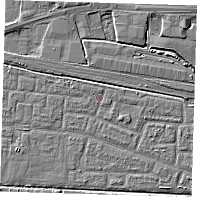 Shaded relief map of the ground around IG110RD, computed from Environment Agency LiDAR. The ground here sits at about 2 m above sea level and falls 5 m across the surrounding 800 m. Surface water reaching this point runs off ground lying to the east, 1.4 m higher.