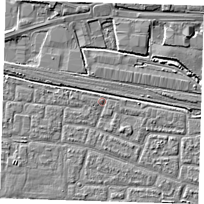Shaded relief map of the ground around IG110RE, computed from Environment Agency LiDAR. The ground here sits at about 2 m above sea level and falls 6 m across the surrounding 800 m. Surface water reaching this point runs off ground lying to the east, 1.4 m higher.