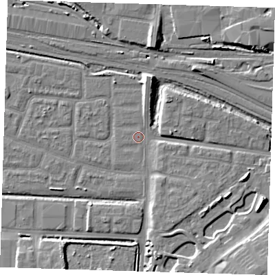 Shaded relief map of the ground around IG110RF, computed from Environment Agency LiDAR. The ground here sits at about 2 m above sea level and falls 12 m across the surrounding 800 m. Surface water reaching this point runs off ground lying to the south-south-east, 3.0 m higher.
