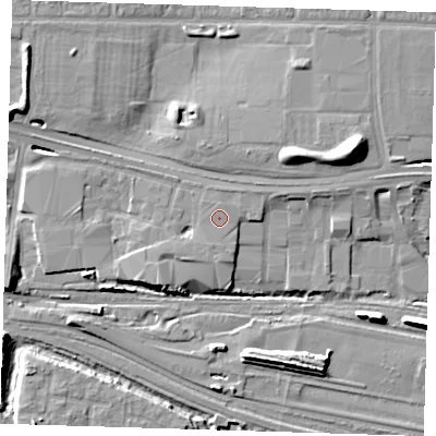 Shaded relief map of the ground around IG110RH, computed from Environment Agency LiDAR. The ground here sits at about 5 m above sea level and falls 13 m across the surrounding 800 m. The ground contributing surface water to this point lies to the north.