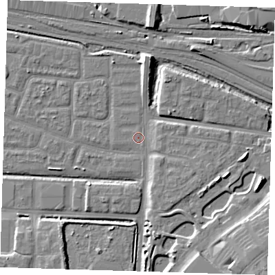 Shaded relief map of the ground around IG110RP, computed from Environment Agency LiDAR. The ground here sits at about 2 m above sea level and falls 13 m across the surrounding 800 m. Surface water reaching this point runs off ground lying to the south-east, 2.9 m higher.
