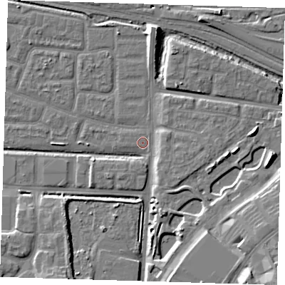 Shaded relief map of the ground around IG110RS, computed from Environment Agency LiDAR. The ground here sits at about 2 m above sea level and falls 15 m across the surrounding 800 m. The ground contributing surface water to this point lies to the west-north-west.