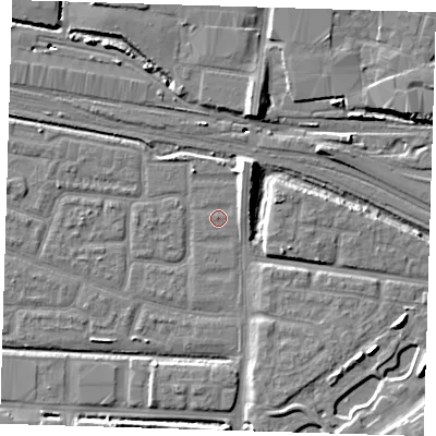 Shaded relief map of the ground around IG110RT, computed from Environment Agency LiDAR. The ground here sits at about 3 m above sea level and falls 11 m across the surrounding 800 m. Surface water reaching this point runs off ground lying to the east-north-east, 2.4 m higher.
