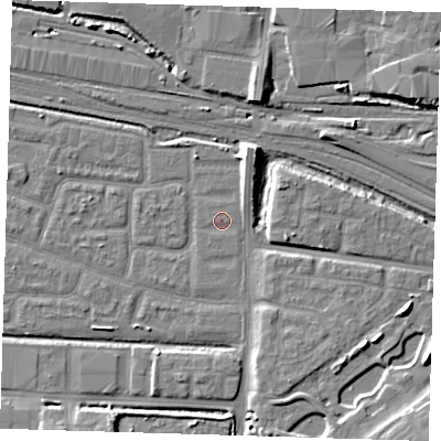 Shaded relief map of the ground around IG110RU, computed from Environment Agency LiDAR. The ground here sits at about 2 m above sea level and falls 12 m across the surrounding 800 m. The ground contributing surface water to this point lies to the west.