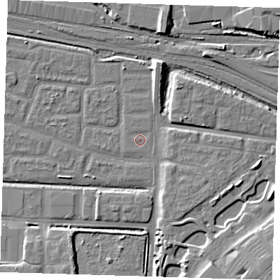 Shaded relief map of the ground around IG110RX, computed from Environment Agency LiDAR. The ground here sits at about 2 m above sea level and falls 13 m across the surrounding 800 m. The ground contributing surface water to this point lies to the west-north-west.
