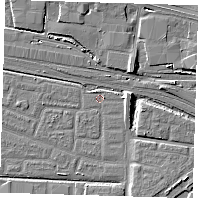 Shaded relief map of the ground around IG110RY, computed from Environment Agency LiDAR. The ground here sits at about 2 m above sea level and falls 10 m across the surrounding 800 m. Surface water reaching this point runs off ground lying to the east, 4.6 m higher.