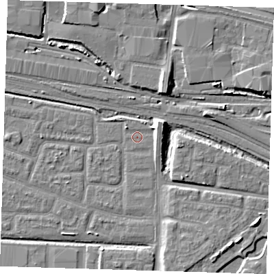 Shaded relief map of the ground around IG110RZ, computed from Environment Agency LiDAR. The ground here sits at about 2 m above sea level and falls 10 m across the surrounding 800 m. Surface water reaching this point runs off ground lying to the east-north-east, 4.5 m higher.