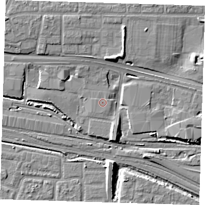 Shaded relief map of the ground around IG110SB, computed from Environment Agency LiDAR. The ground here sits at about 4 m above sea level and falls 11 m across the surrounding 800 m. Surface water reaching this point runs off ground lying to the south, 0.6 m higher.