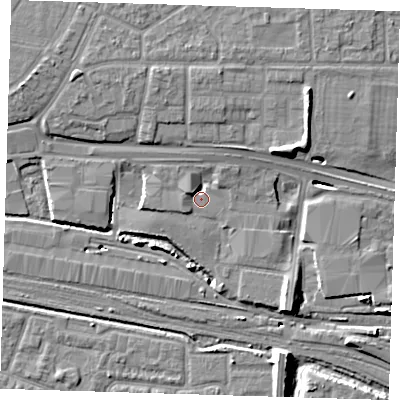 Shaded relief map of the ground around IG110SD, computed from Environment Agency LiDAR. The ground here sits at about 4 m above sea level and falls 11 m across the surrounding 800 m. Surface water reaching this point runs off ground lying to the north-west, 3.4 m higher.