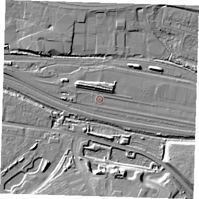 Shaded relief map of the ground around IG110SE, computed from Environment Agency LiDAR. The ground here sits at about 3 m above sea level and falls 14 m across the surrounding 800 m. Surface water reaching this point runs off ground lying to the east-south-east, 1.0 m higher.