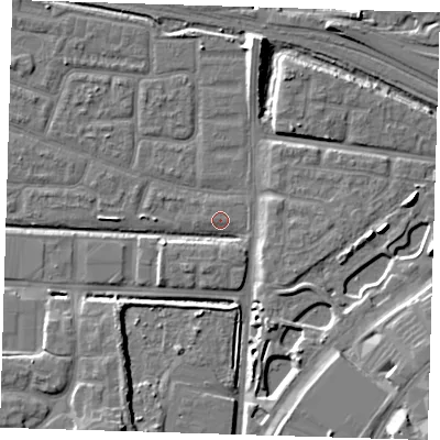 Shaded relief map of the ground around IG110SF, computed from Environment Agency LiDAR. The ground here sits at about 2 m above sea level and falls 15 m across the surrounding 800 m. The ground contributing surface water to this point lies to the west-north-west.
