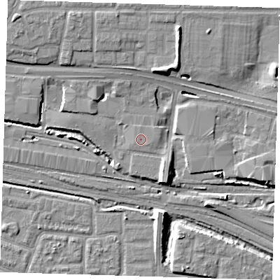 Shaded relief map of the ground around IG110SH, computed from Environment Agency LiDAR. The ground here sits at about 4 m above sea level and falls 11 m across the surrounding 800 m. The ground contributing surface water to this point lies to the south-east.