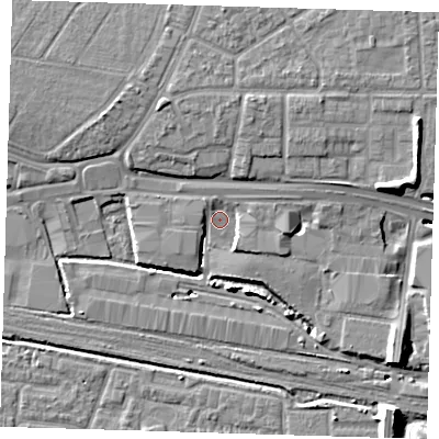 Shaded relief map of the ground around IG110SL, computed from Environment Agency LiDAR. The ground here sits at about 3 m above sea level and falls 11 m across the surrounding 800 m. Surface water reaching this point runs off ground lying to the east-north-east, 2.4 m higher.