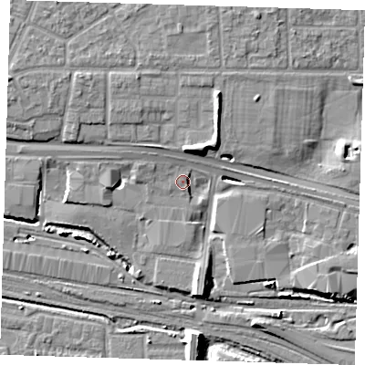 Shaded relief map of the ground around IG110SN, computed from Environment Agency LiDAR. The ground here sits at about 4 m above sea level and falls 11 m across the surrounding 800 m. Surface water reaching this point runs off ground lying to the south, 5.2 m higher.