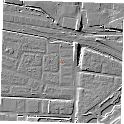 Shaded relief map of the ground around IG110SP, computed from Environment Agency LiDAR. The ground here sits at about 2 m above sea level and falls 11 m across the surrounding 800 m. Surface water reaching this point runs off ground lying to the north-east, 4.9 m higher.