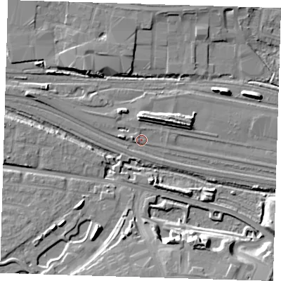 Shaded relief map of the ground around IG110SQ, computed from Environment Agency LiDAR. The ground here sits at about 3 m above sea level and falls 14 m across the surrounding 800 m. Surface water reaching this point runs off ground lying to the north-east, 5.7 m higher.